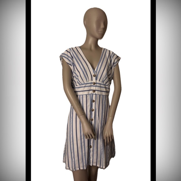LOFT Dresses & Skirts - LOFT Blue and White Striped Button-Front V-Neck Dress